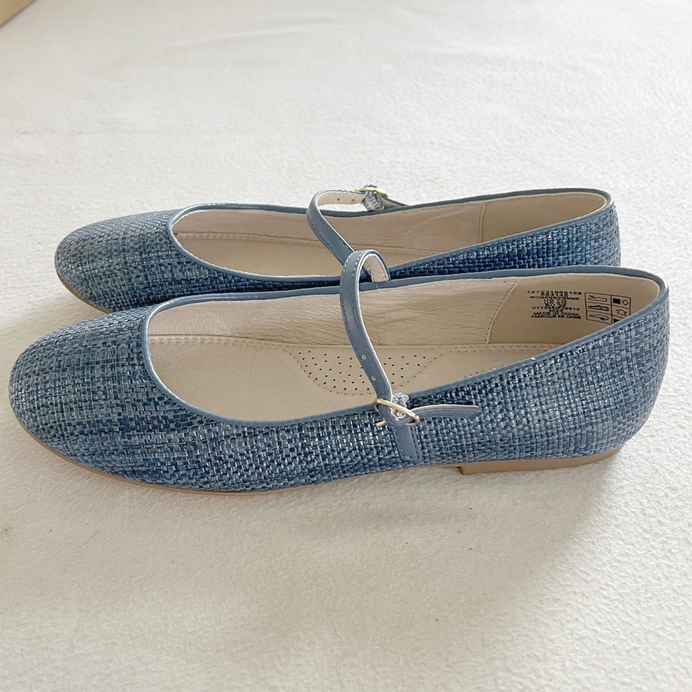 Lands End Mary Jane Flats Women 6.5 Blue Woven Textured Buckle Strap Shoes - Picture 6 of 12